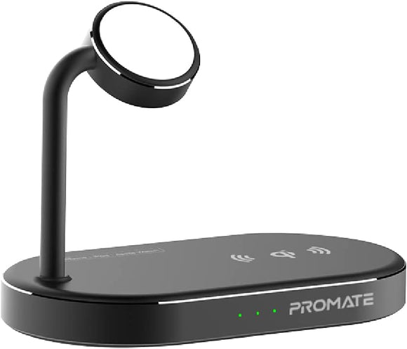 Promate Aluminum Wireless Charger Stand, Multi-Device Charging Station with Qi-Certified 15W Fast Charging Pad, 24W SuperCharge USB Port and 5W MFi Certified Apple Watch Charger, WavePower