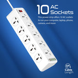 Promate PowerMatrix-3M 10AC Socket Space Efficient Power Strip with USB Ports